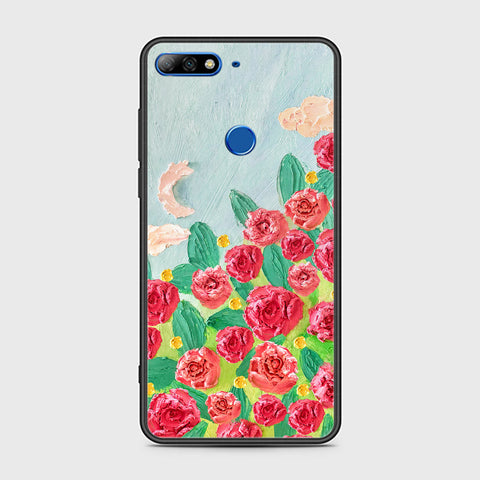 Y7 2018 Cover - Floral Series - Design 10 - Red & Green - HQ Ultra Shine Premium Infinity Glass Soft Silicon Borders Case