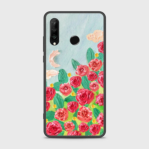 Huawei P30 lite Cover - Floral Series - Design 10 - Red & Green - HQ Ultra Shine Premium Infinity Glass Soft Silicon Borders Case