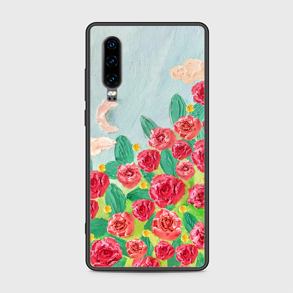 Huawei P30 Cover - Floral Series - Design 10 - Red & Green - HQ Ultra Shine Premium Infinity Glass Soft Silicon Borders Case