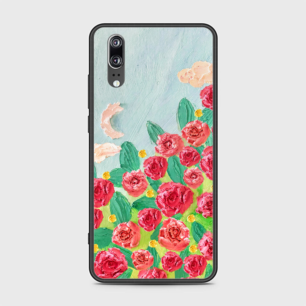 Huawei P20 Cover - Floral Series - Design 10 - Red & Green - HQ Ultra Shine Premium Infinity Glass Soft Silicon Borders Case