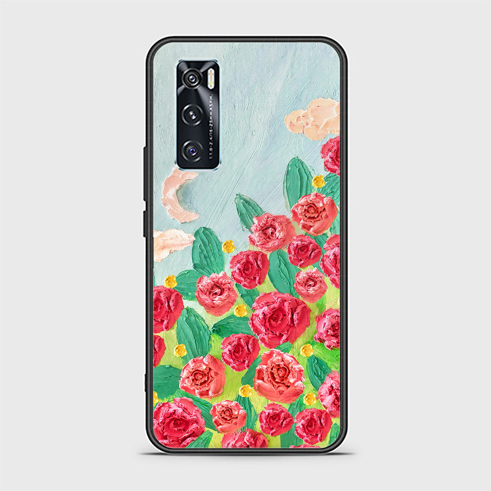 Vivo V20 SE Cover - Floral Series - Design 10 - Red & Green - HQ Ultra Shine Premium Infinity Glass Soft Silicon Borders Case