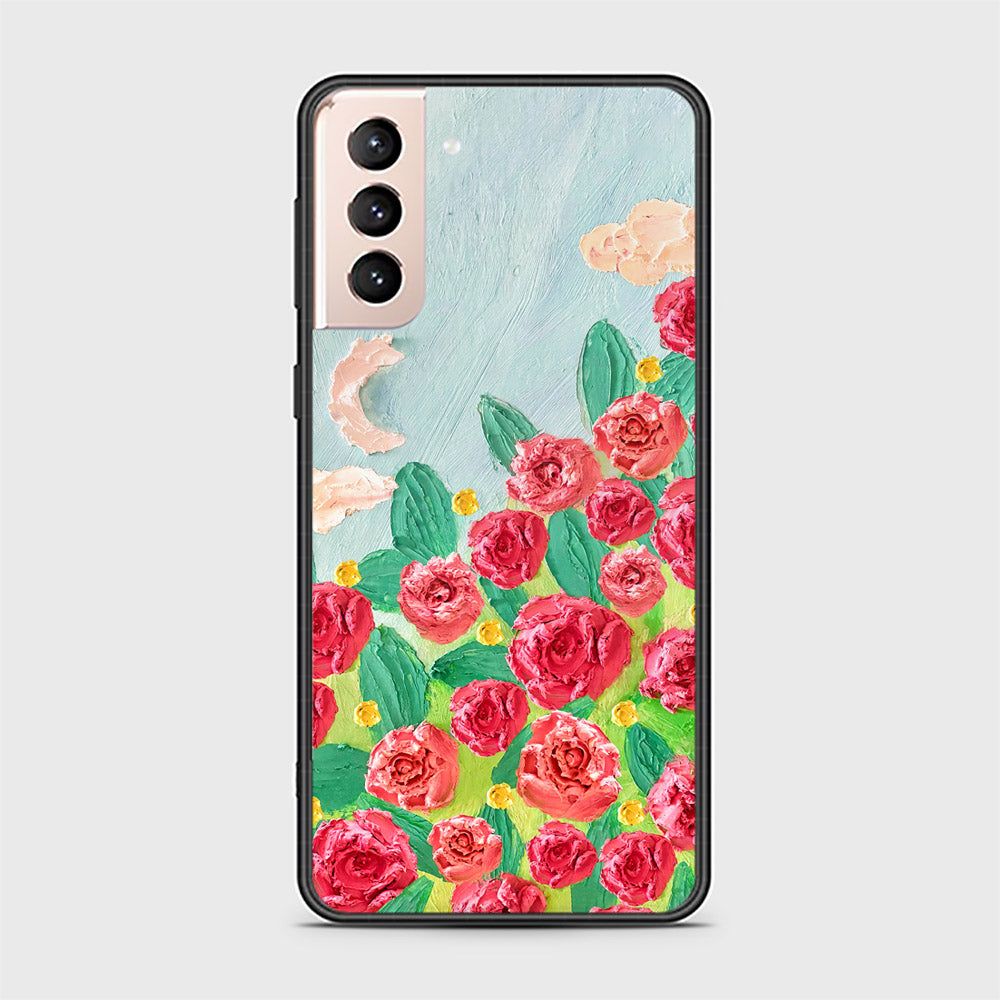 Samsung Galaxy S21 5G Cover - Floral Series - Design 10 - Red & Green - HQ Ultra Shine Premium Infinity Glass Soft Silicon Borders Case