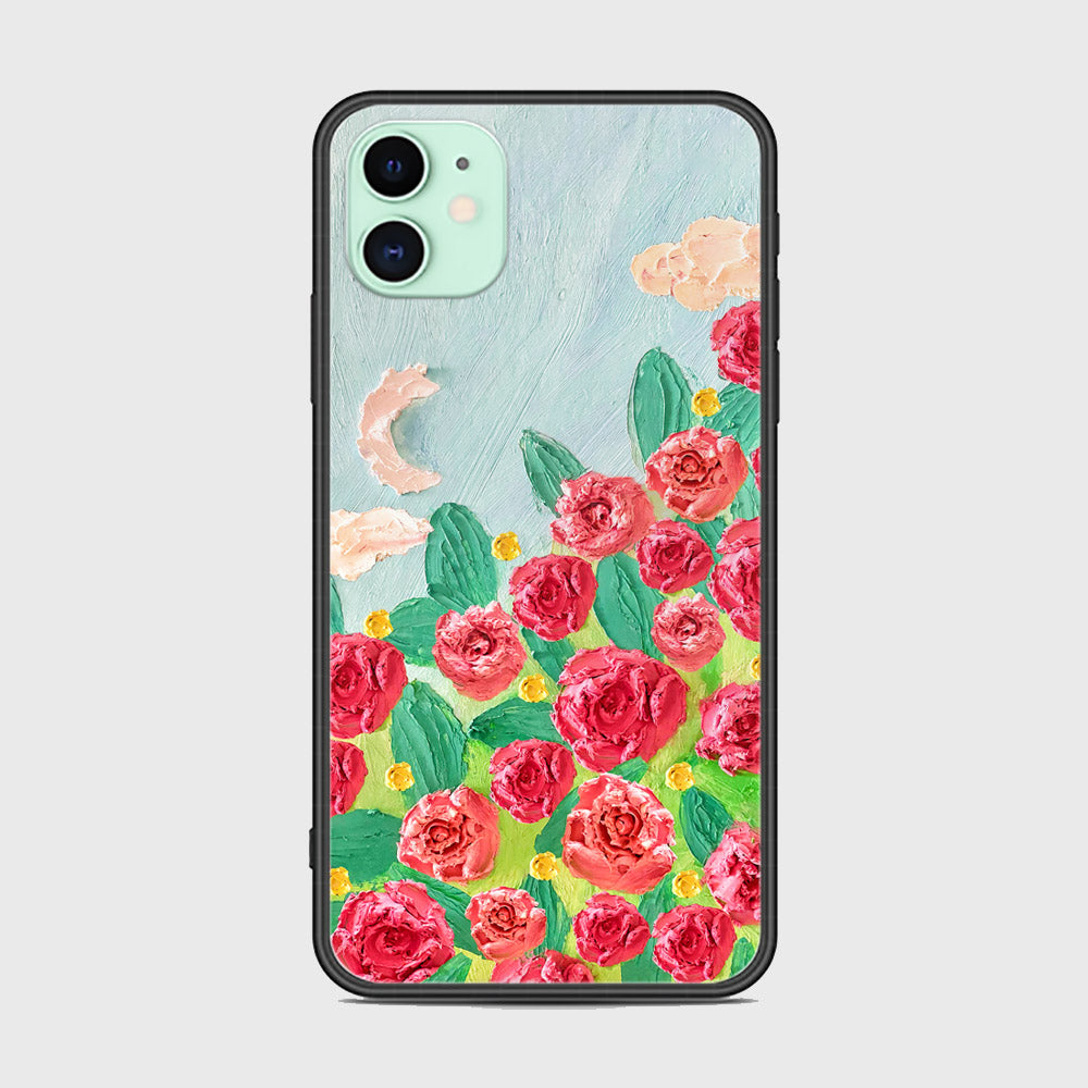 iPhone 11 Cover - Floral Series - Design 10 - Red & Green - HQ Ultra Shine Premium Infinity Glass Soft Silicon Borders Case