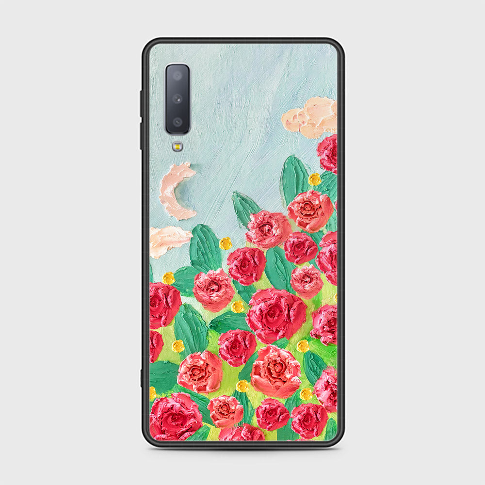 Samsung Galaxy A7 2018 Cover - Floral Series - Design 10 - Red & Green - HQ Ultra Shine Premium Infinity Glass Soft Silicon Borders Case