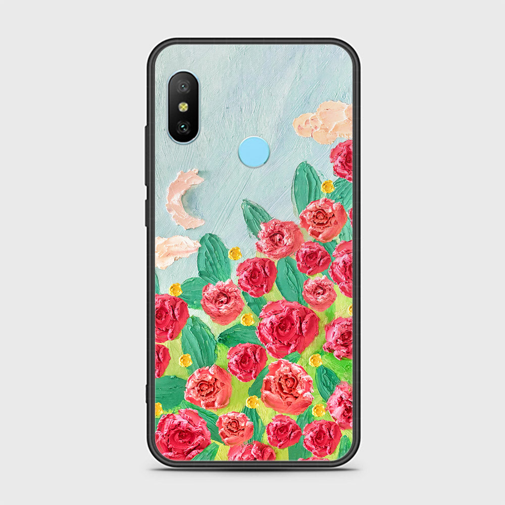 Redmi 6 Pro Cover - Floral Series - Design 10 - Red & Green - HQ Ultra Shine Premium Infinity Glass Soft Silicon Borders Case