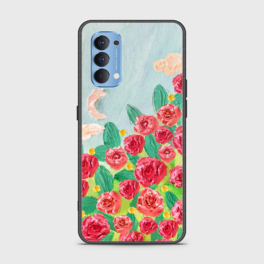 Oppo Reno 4 Cover - Floral Series - Design 10 - Red & Green - HQ Ultra Shine Premium Infinity Glass Soft Silicon Borders Case