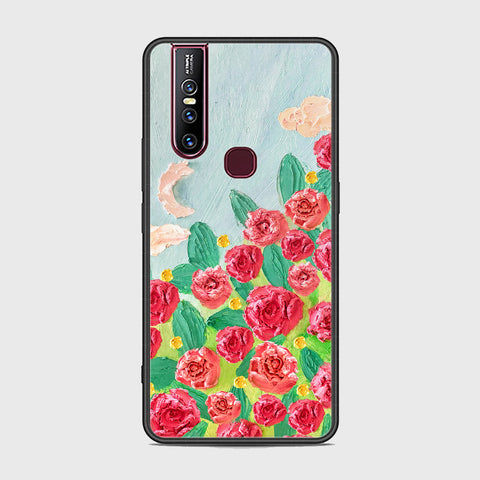 Vivo V15 Cover - Floral Series - Design 10 - Red & Green - HQ Ultra Shine Premium Infinity Glass Soft Silicon Borders Case