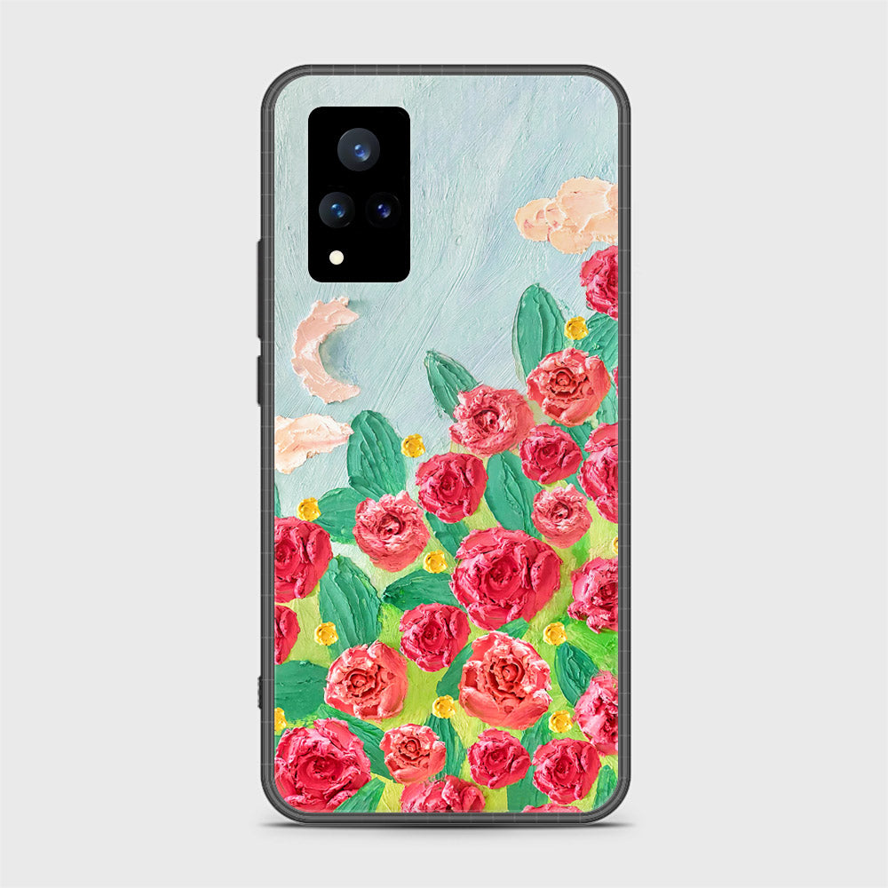 Vivo V21 Cover - Floral Series - Design 10 - Red & Green - HQ Ultra Shine Premium Infinity Glass Soft Silicon Borders Case