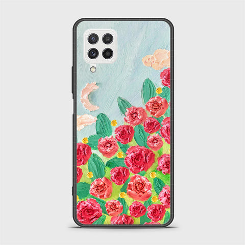 Samsung Galaxy M22 Cover - Floral Series - Design 10 - Red & Green - HQ Ultra Shine Premium Infinity Glass Soft Silicon Borders Case