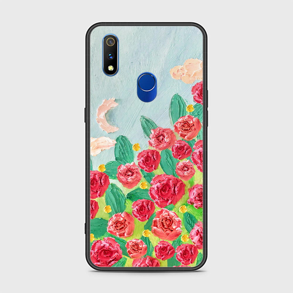 Realme 3 Pro Cover - Floral Series - Design 10 - Red & Green - HQ Ultra Shine Premium Infinity Glass Soft Silicon Borders Case