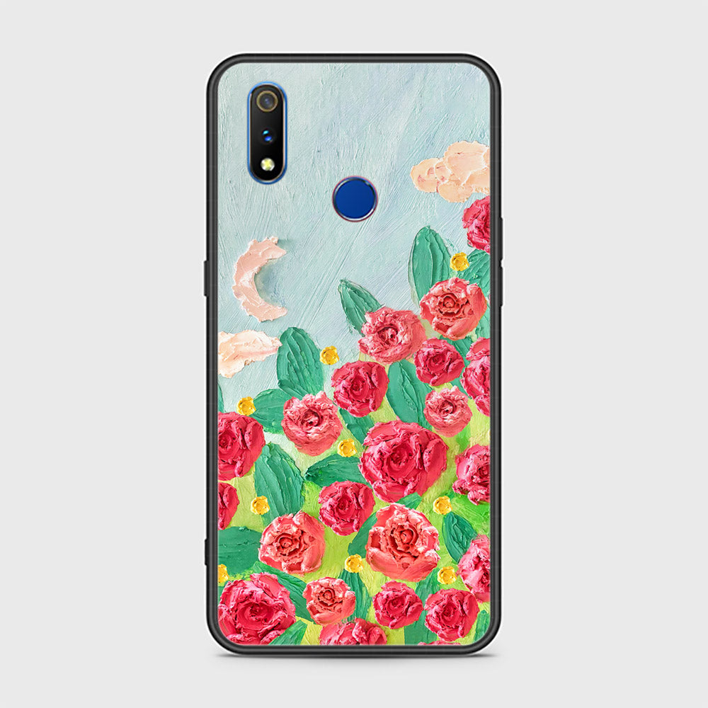 Realme 3 Cover - Floral Series - Design 10 - Red & Green - HQ Ultra Shine Premium Infinity Glass Soft Silicon Borders Case