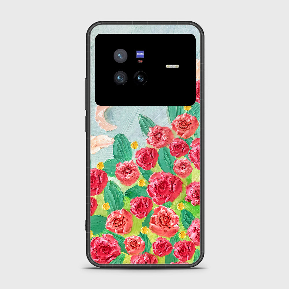 Vivo X80 Cover - Floral Series - Design 10 - Red & Green - HQ Ultra Shine Premium Infinity Glass Soft Silicon Borders Case