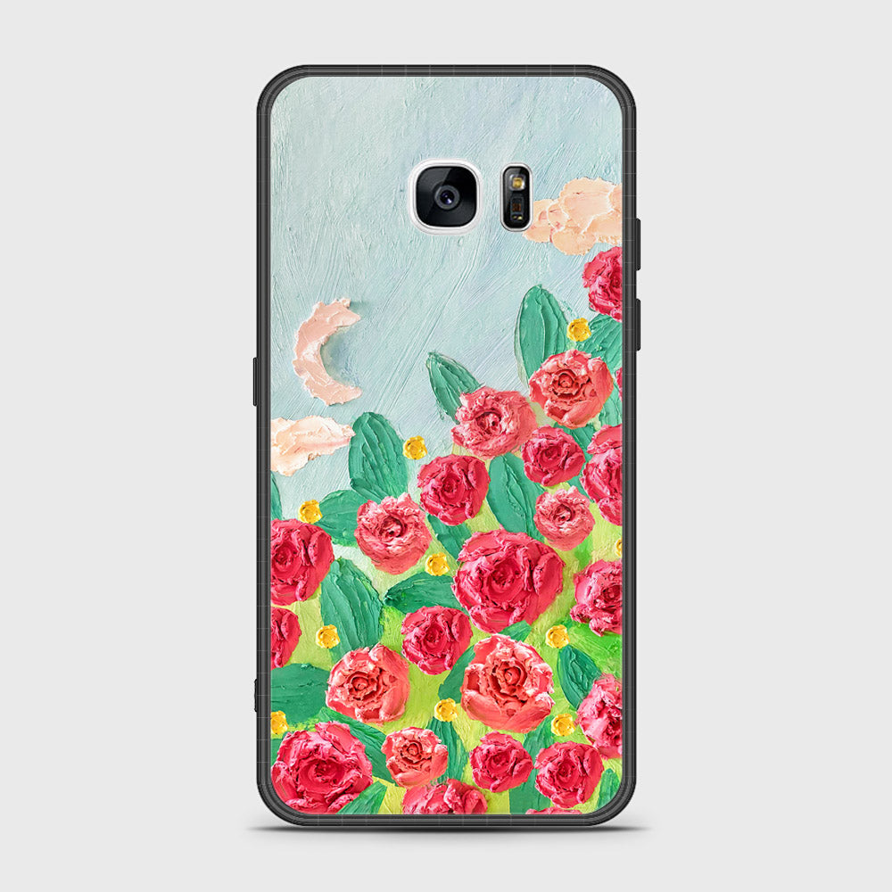 Samsung Galaxy S7 Edge Cover - Floral Series - Design 10 - Red & Green - HQ Ultra Shine Premium Infinity Glass Soft Silicon Borders Case