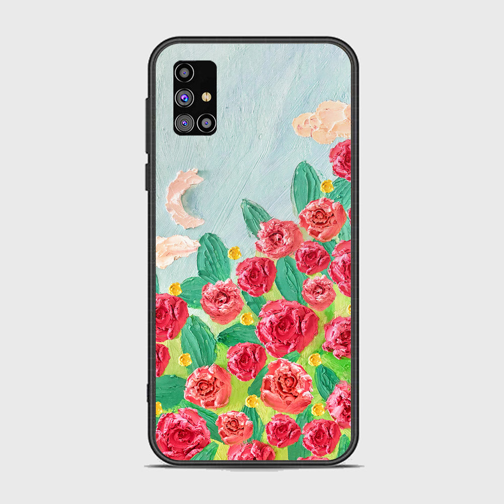 Samsung Galaxy M31s Cover - Floral Series - Design 10 - Red & Green - HQ Ultra Shine Premium Infinity Glass Soft Silicon Borders Case