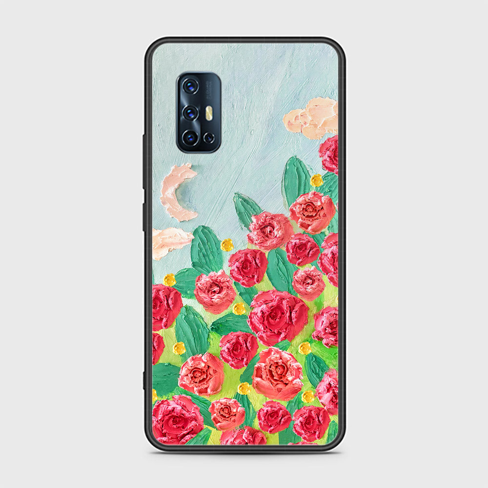 Vivo V17 Cover - Floral Series - Design 10 - Red & Green - HQ Ultra Shine Premium Infinity Glass Soft Silicon Borders Case