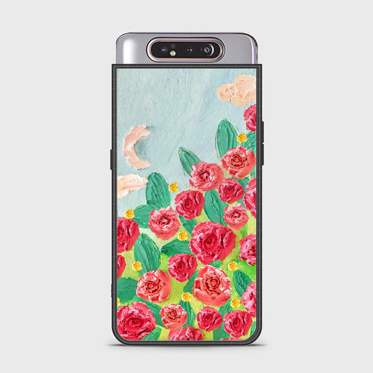 Samsung Galaxy A80 Cover - Floral Series - Design 10 - Red & Green - HQ Ultra Shine Premium Infinity Glass Soft Silicon Borders Case