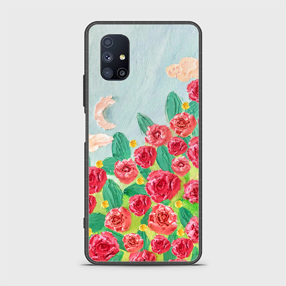 Samsung Galaxy M51 Cover - Floral Series - Design 10 - Red & Green - HQ Ultra Shine Premium Infinity Glass Soft Silicon Borders Case