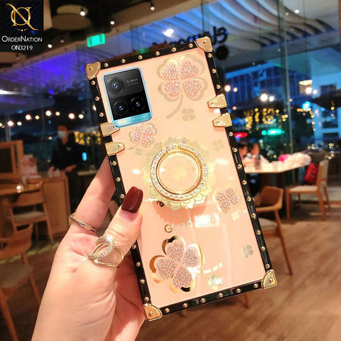 Vivo Y21s Cover - Golden - Square Bling Diamond Glitter Soft TPU Trunk Case with Ring Holder