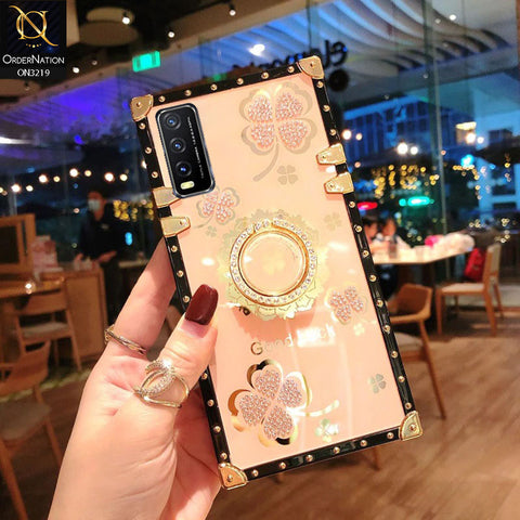 Vivo Y11s Cover - Golden - Square Bling Diamond Glitter Soft TPU Trunk Case with Ring Holder