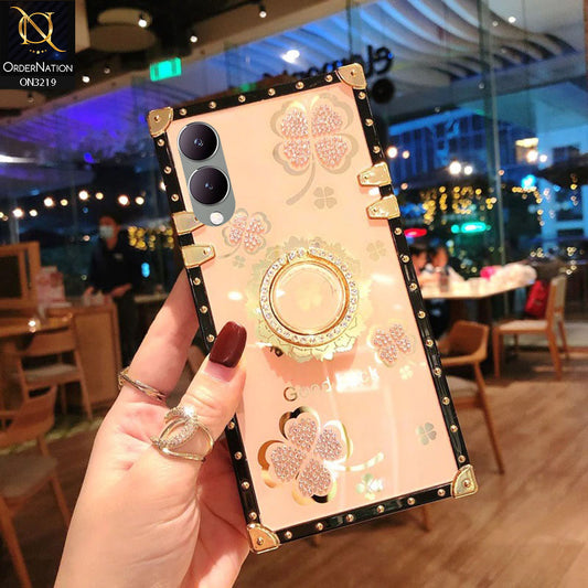 Vivo Y17s Cover - Golden - Square Bling Diamond Glitter Soft TPU Trunk Case with Ring Holder