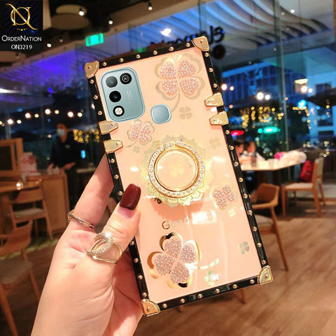 Infinix Hot 10 Play Cover - Golden - Square Bling Diamond Glitter Soft TPU Trunk Case with Ring Holder