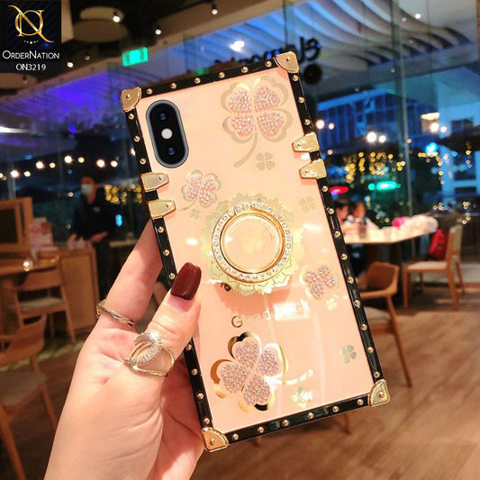 iPhone XS / X Cover - Golden - Square Bling Diamond Glitter Soft TPU Trunk Case with Ring Holder