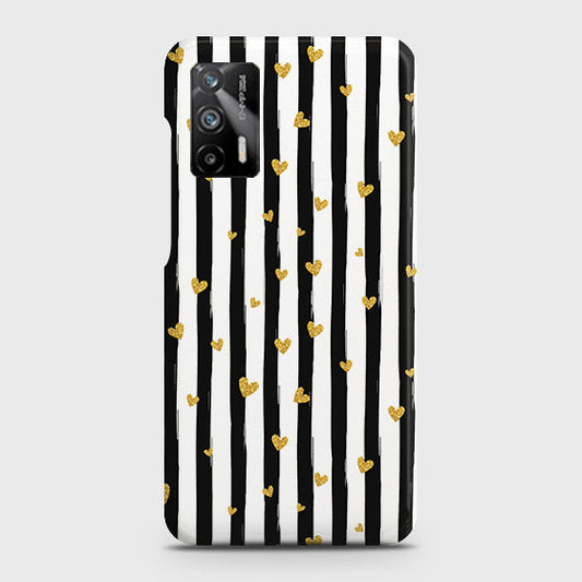 Realme Q3 Pro 5G Cover - Trendy Black & White Lining With Golden Hearts Printed Hard Case with Life Time Colors Guarantee