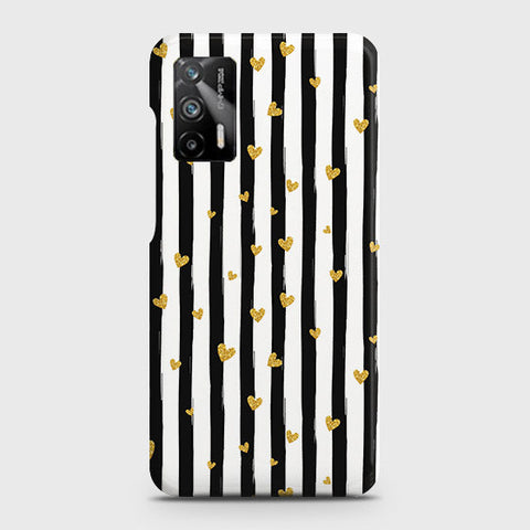 Realme Q3 Pro 5G Cover - Trendy Black & White Lining With Golden Hearts Printed Hard Case with Life Time Colors Guarantee