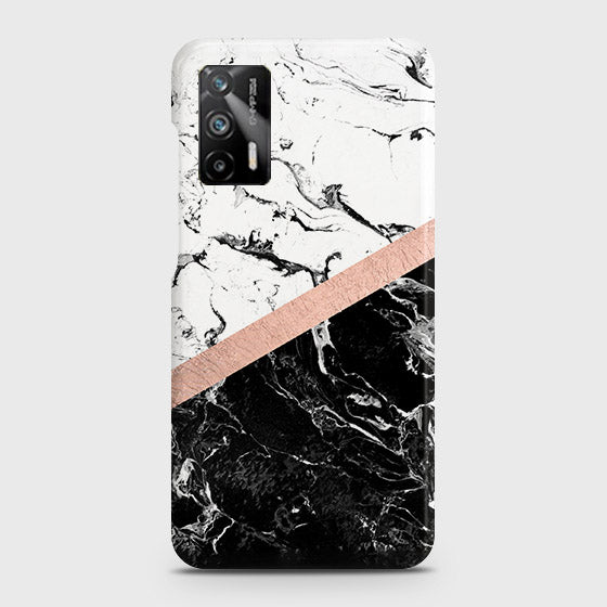 Realme Q3 Pro 5G Cover - Black & White Marble With Chic RoseGold Strip Case with Life Time Colors Guarantee