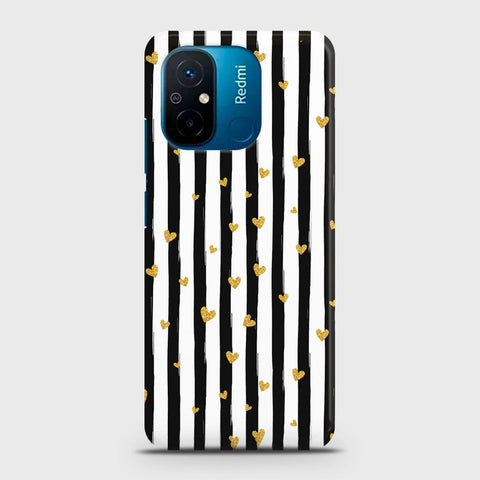 Xiaomi Redmi 12C Cover - Trendy Black & White Lining With Golden Hearts Printed Hard Case with Life Time Colors Guarantee