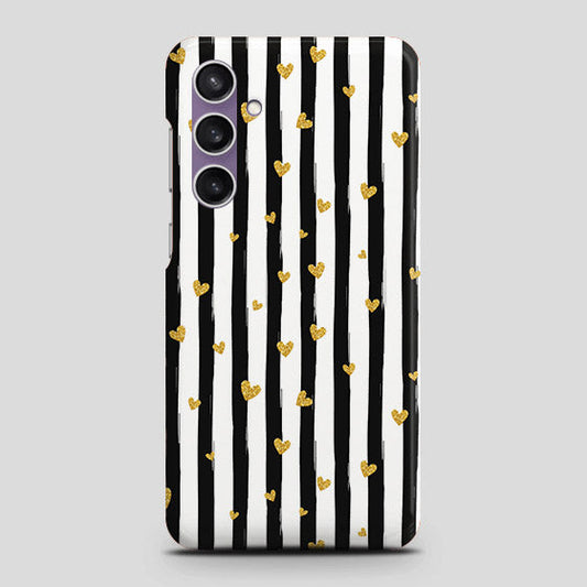 Samsung Galaxy A15 5G Cover - Trendy Black & White Lining With Golden Hearts Printed Hard Case with Life Time Colors Guarantee