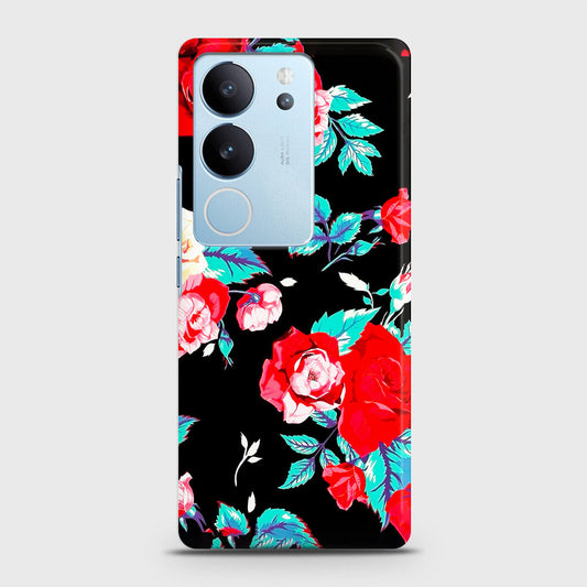 Vivo V29 Cover - Luxury Vintage Red Flowers Printed Hard Case with Life Time Colors Guarantee