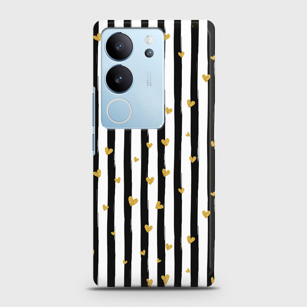 Vivo V29 Cover - Trendy Black & White Lining With Golden Hearts Printed Hard Case with Life Time Colors Guarantee