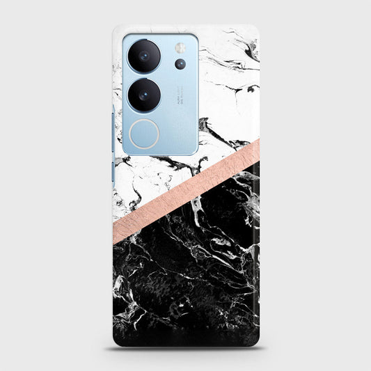 Vivo V29 Cover - Black & White Marble With Chic RoseGold Strip Case with Life Time Colors Guarantee