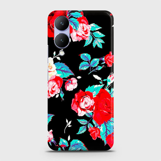 Vivo Y17s Cover - Luxury Vintage Red Flowers Printed Hard Case with Life Time Colors Guarantee