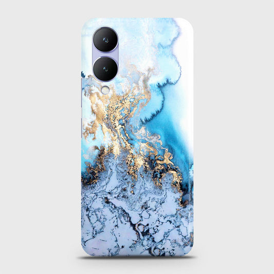 Vivo Y17s Cover - Trendy Golden & Blue Ocean Marble Printed Hard Case with Life Time Colors Guarantee