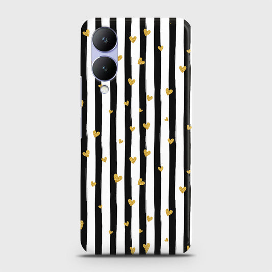 Vivo Y17s Cover - Trendy Black & White Lining With Golden Hearts Printed Hard Case with Life Time Colors Guarantee (Fast Delivery)