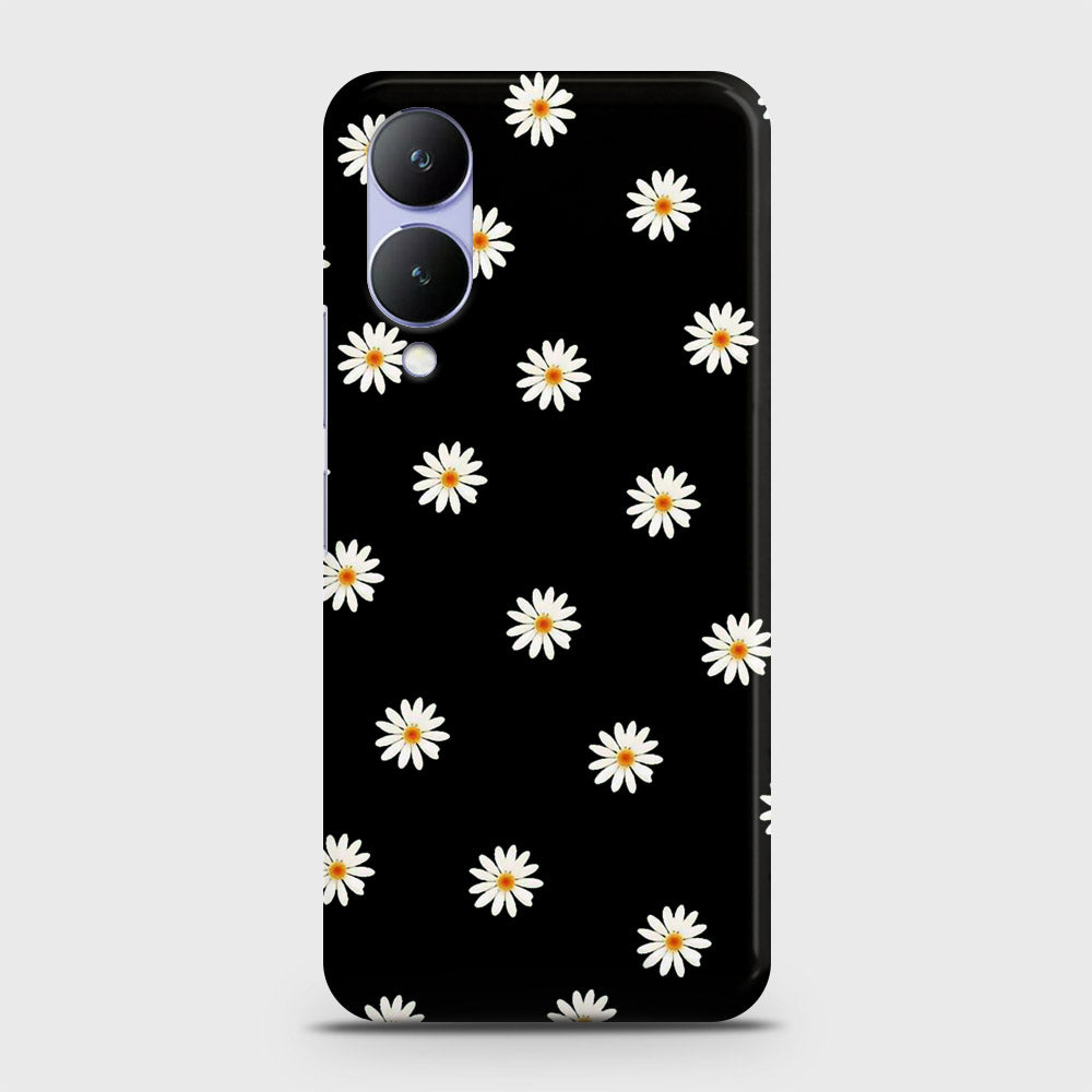 Vivo Y17s Cover - White Bloom Flowers with Black Background Printed Hard Case with Life Time Colors Guarantee