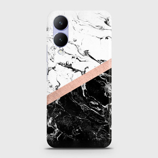 Vivo Y17s Cover - Black & White Marble With Chic RoseGold Strip Case with Life Time Colors Guarantee