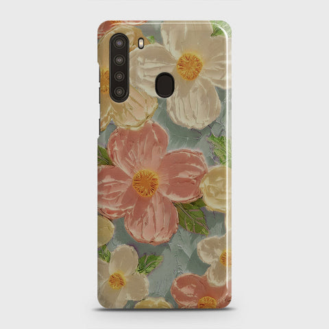 Samsung Galaxy A21 Cover - Floral Series - Design 16 - Cyan & Pink - Matte Finish - Snap On Hard Case with LifeTime Colors Guarantee