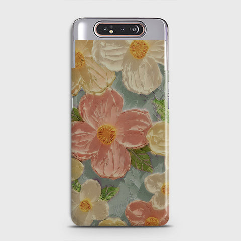 Samsung Galaxy A80 Cover - Floral Series - Design 16 - Cyan & Pink - Matte Finish - Snap On Hard Case with LifeTime Colors Guarantee