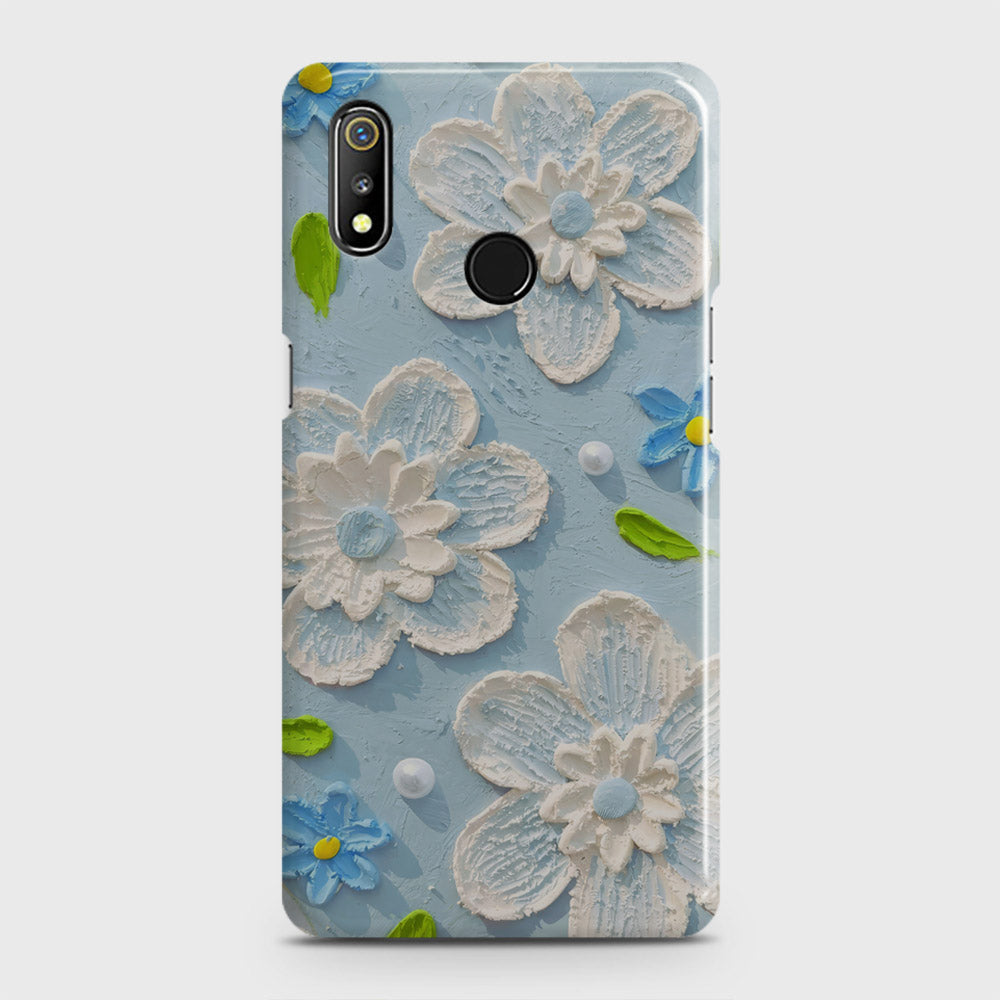 Realme 3 Cover - Floral Series - Design 3 - Sky Blue - Matte Finish - Snap On Hard Case with LifeTime Colors Guarantee