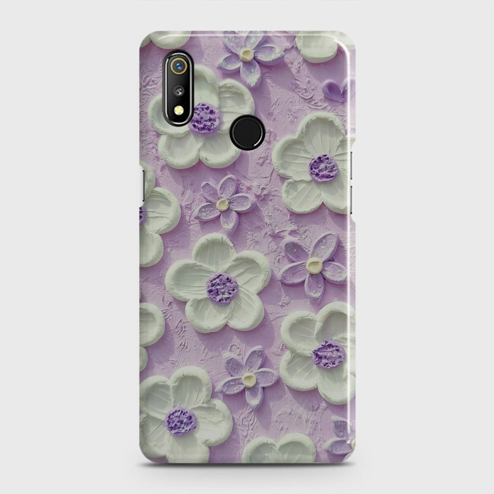 Realme 3 Cover - Floral Series - Design 4 - Purple & White - Matte Finish - Snap On Hard Case with LifeTime Colors Guarantee