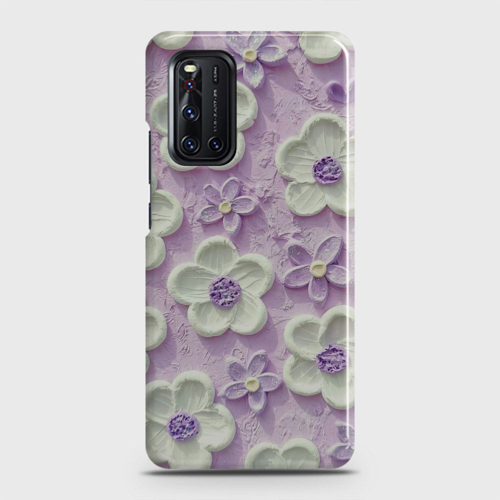 Vivo V19  Cover - Floral Series - Design 4 - Purple & White - Matte Finish - Snap On Hard Case with LifeTime Colors Guarantee