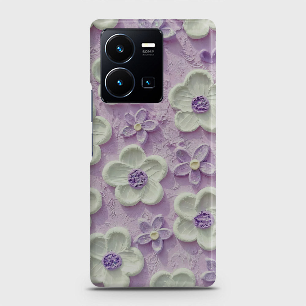 Vivo Y35 Cover - Floral Series - Design 4 - Purple & White - Matte Finish - Snap On Hard Case with LifeTime Colors Guarantee