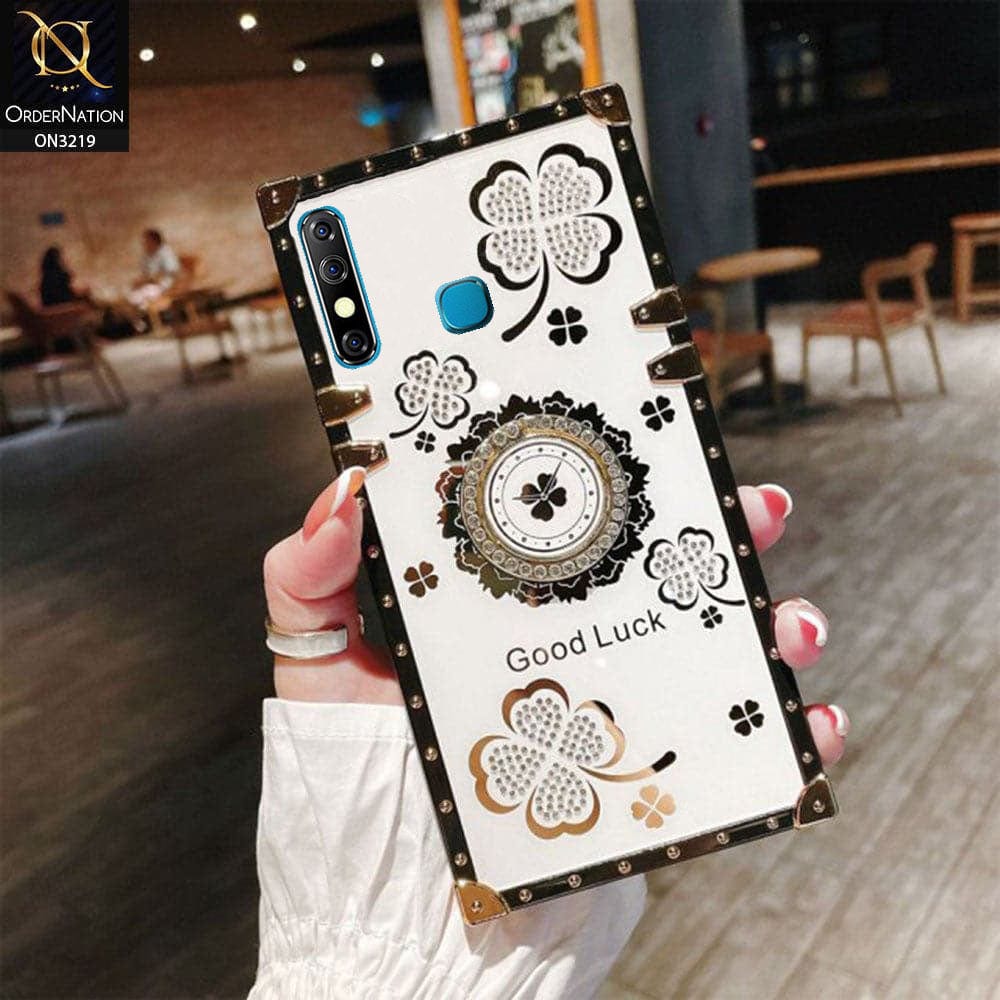 Infinix Hot 8 Cover - Ash White - Square Bling Diamond Glitter Soft TPU Trunk Case with Ring Holder