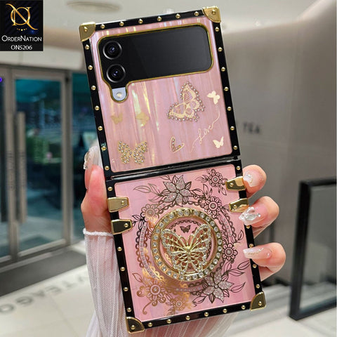 Samsung Galaxy Z Flip 3 5G Cover - Pink - 3D Floral Butterfly Luxury Sparkle Rhinestones with Kickstand Mirror Elegant Shockproof Protective Cover