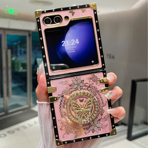 Samsung Galaxy Z Flip 5 5G Cover - Pink - 3D Floral Butterfly Luxury Sparkle Rhinestones with Kickstand Mirror Elegant Shockproof Protective Cover