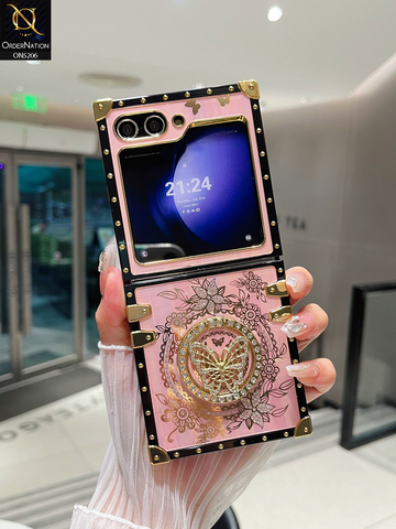 Samsung Galaxy Z Flip 5 5G Cover - Pink - 3D Floral Butterfly Luxury Sparkle Rhinestones with Kickstand Mirror Elegant Shockproof Protective Cover