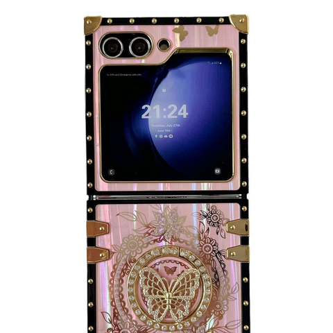 Samsung Galaxy Z Flip 6 Cover - Pink - 3D Floral Butterfly Luxury Sparkle Rhinestones with Kickstand Mirror Elegant Shockproof Protective Cover